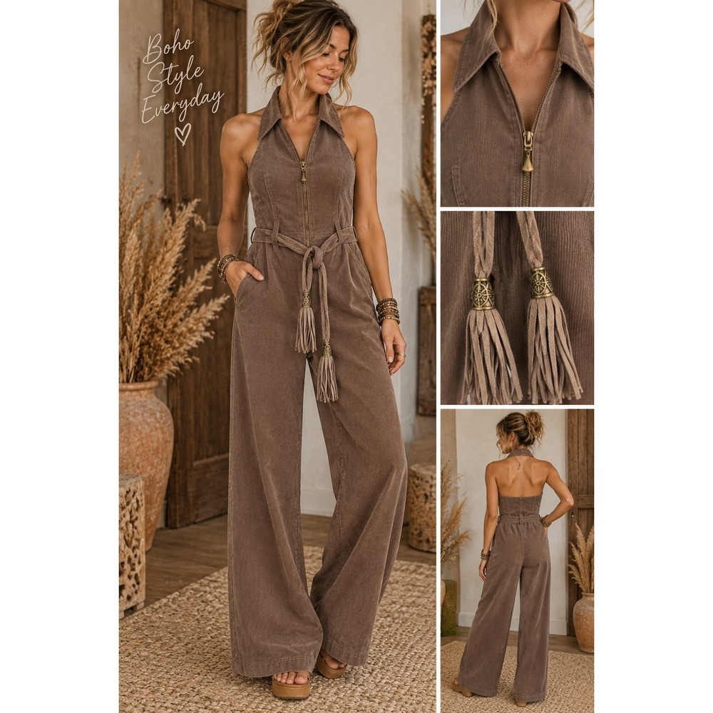 Bisou Bisou Brown Corduroy Halter Jumpsuit Collared Zip Front Tassel Boho Wester